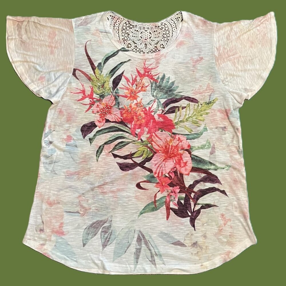 TIME AND TRU Womens Top LARGE Multi Color FLORAL Rhinstones BOHO  1176AT